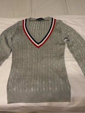Ralph Lauren Gray Cable Knit V-Neck Sweater with Red, White & Navy Trim